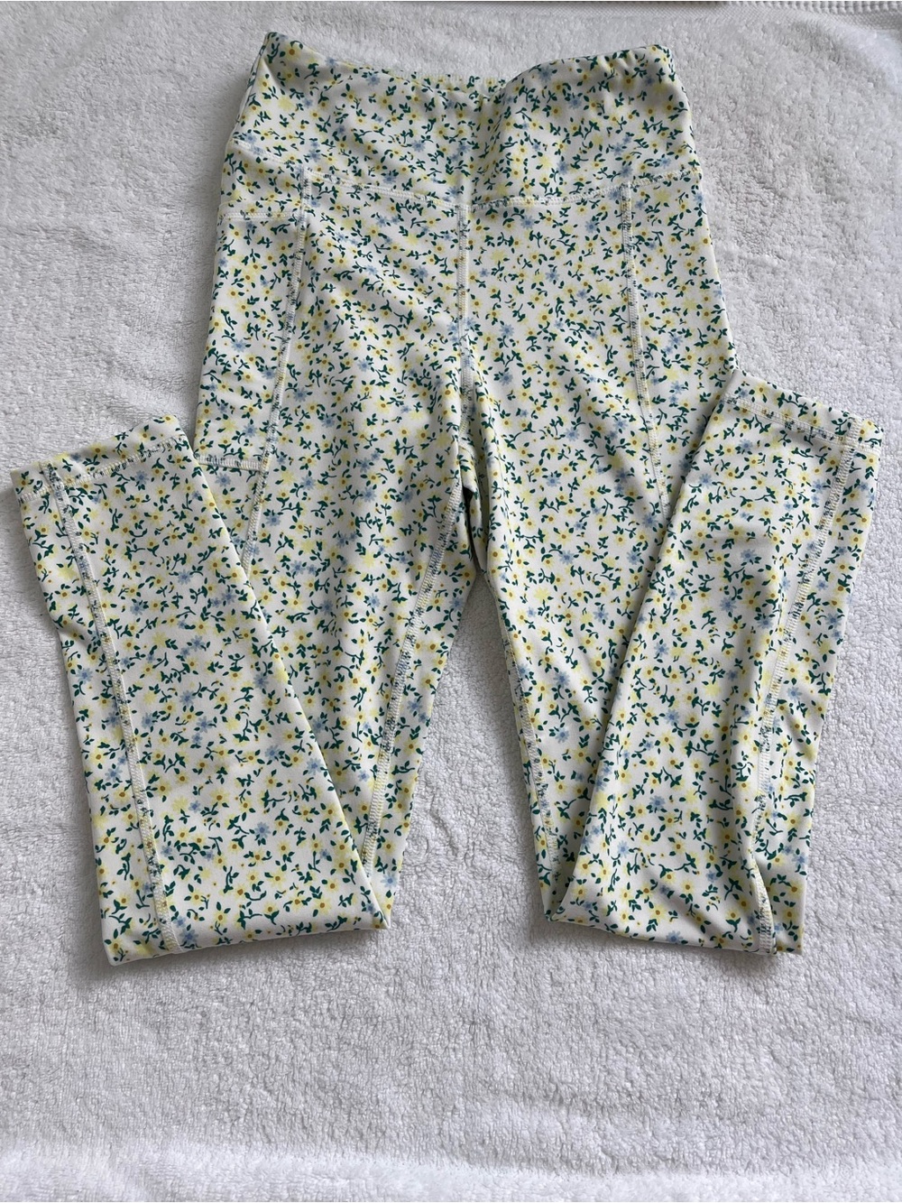 Girls Tek Gear Cream Floral Leggings with Yellow and Green Print